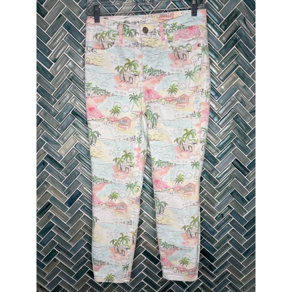 WOMENS TALBOTS HIGH WAIST JEGGING CROP STRETCH WHITE BEACH SCENE NOVELTY JEANS 2